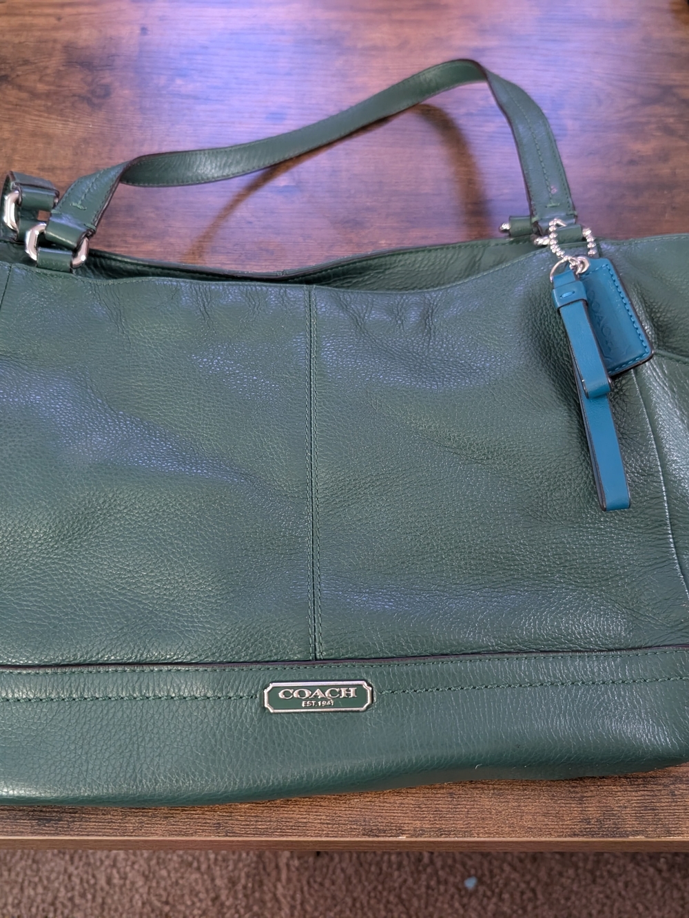 Coach Green Leather Shoulder Bag with Blue Tag Charm